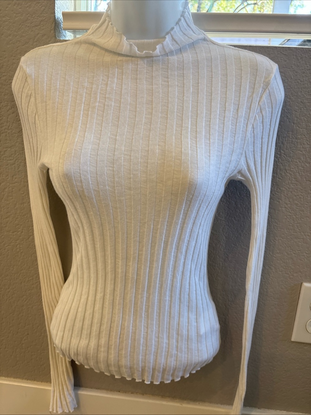 EUC Enza Costa Cotton Cashmere Ribbed  Knit Mock Neck Top Long  Sz S  White